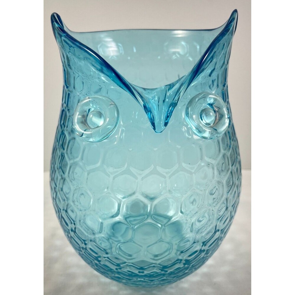 Art Glass Horned Owl Vase Blue Applied Eyes Honeycomb 8.5" Turquoise